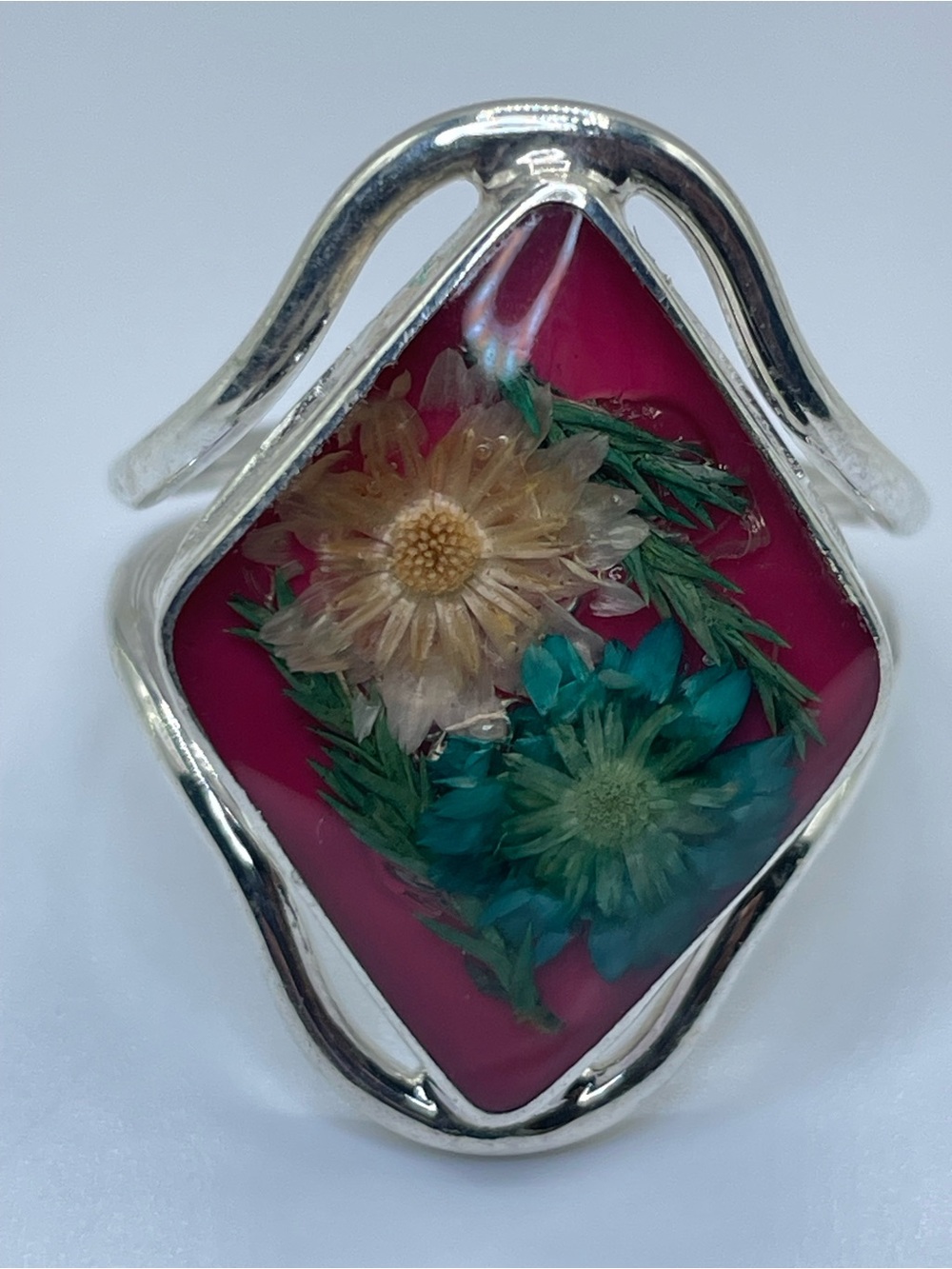 Silver Tone Real Dried Flower Resin Statement Ring Botanical Cottagecore